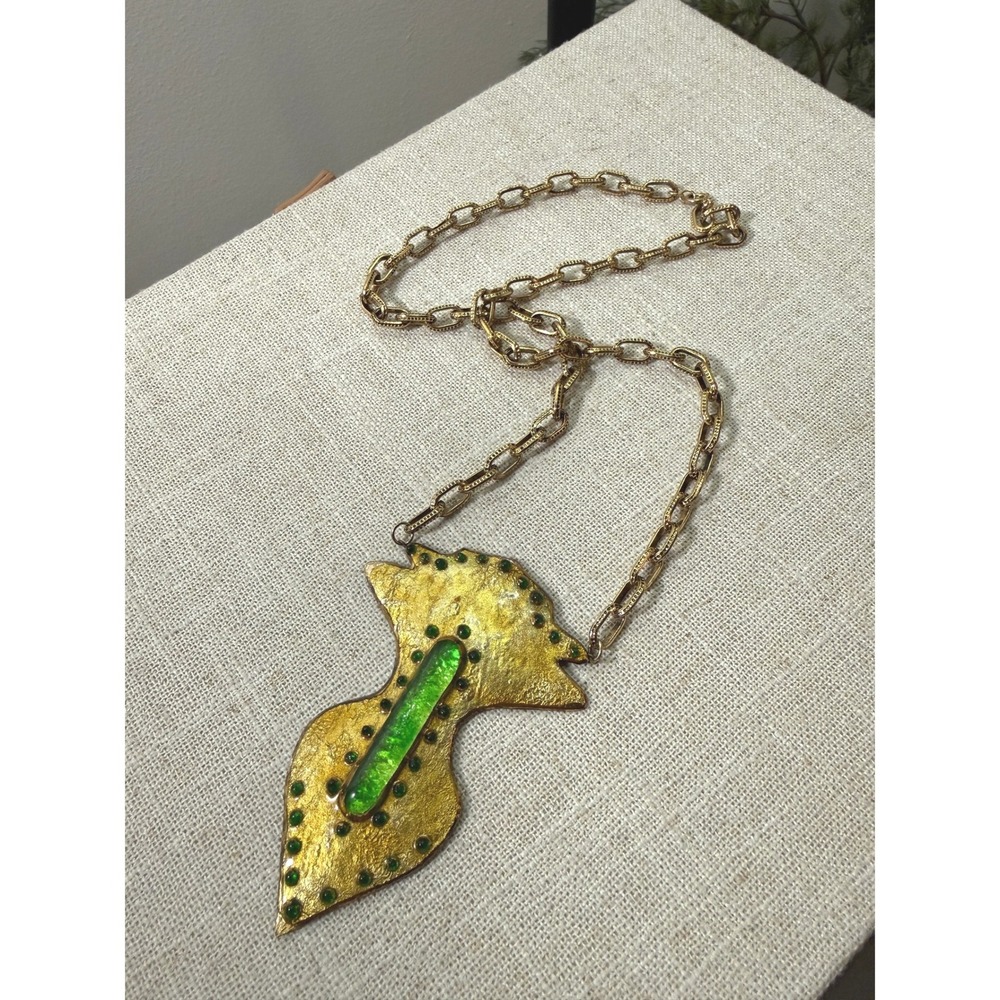 Vintage Brutalist Statement Necklace Gold Tone Green Glass Abstract‎ Pendant